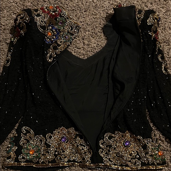 1980s Oleg Cassini Black Tie Multicolor Embellished Top - Picture 6 of 7